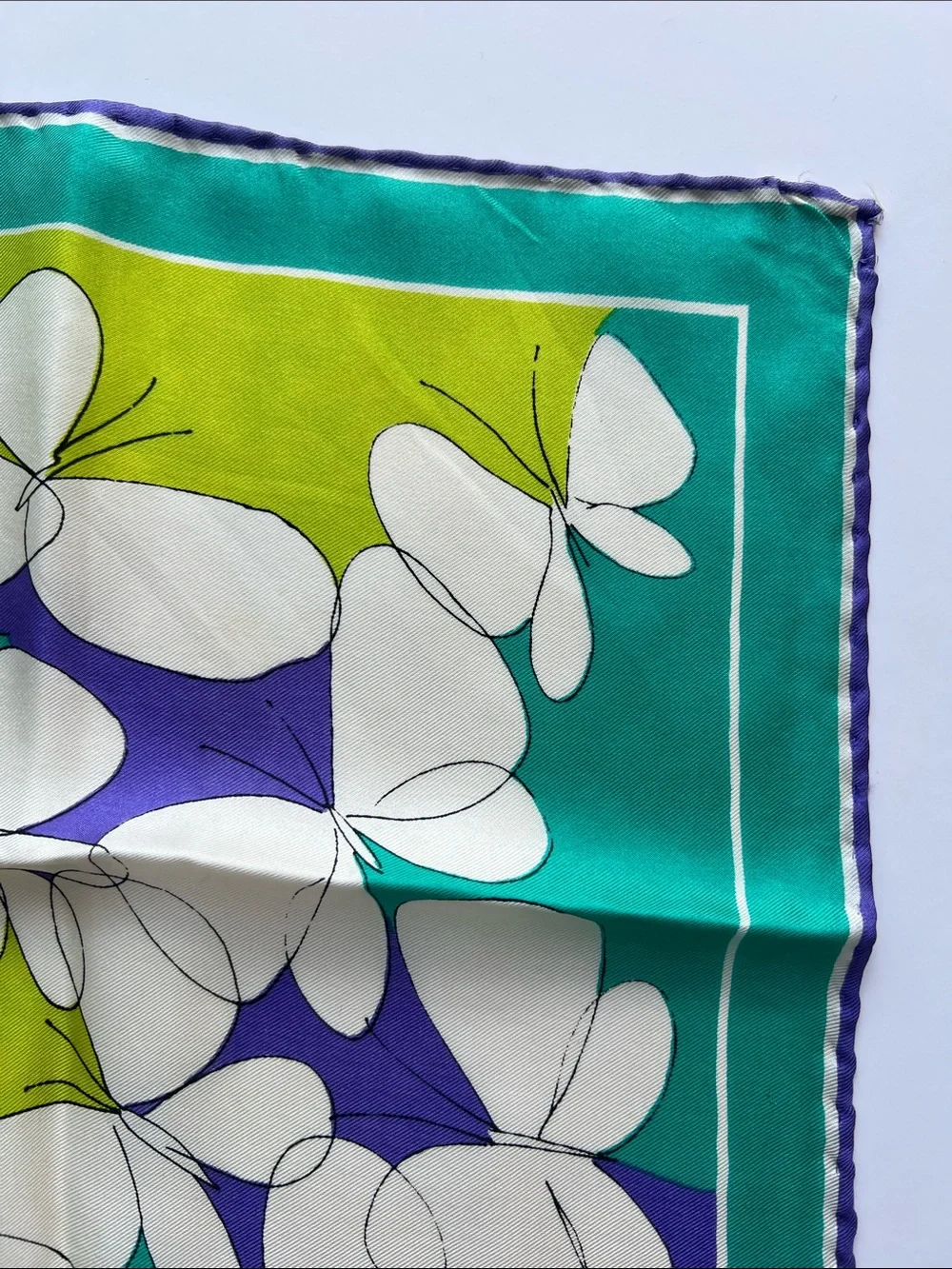 Vintage Vera Neumann Silk Scarf in Teal, Lime & Purple with butterfly motif.